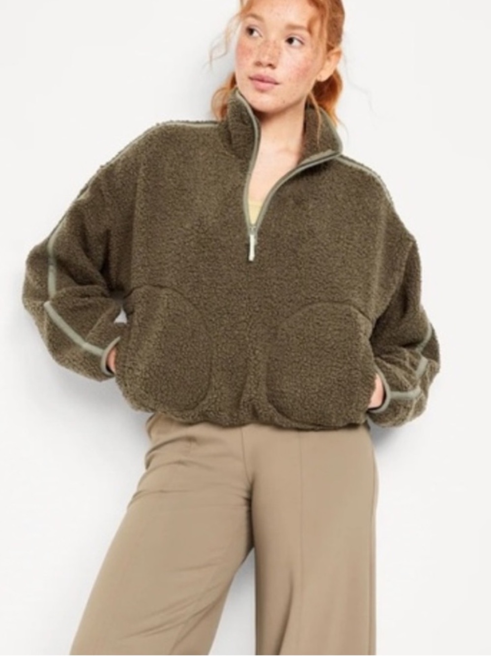♡ Old Navy NWOT Sherpa Quarter Zip Pullover Olive Green